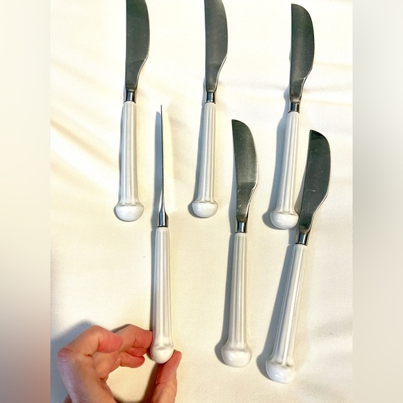 *VNTG* DENBY ENGLAND Regency Blue Stainless-6 Butter Knives-White Ceramic Handle